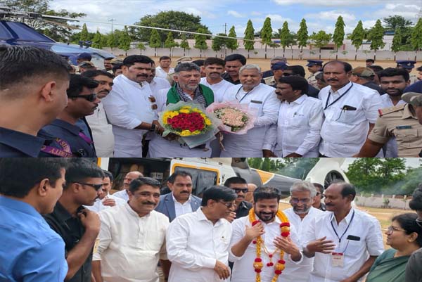 ಮುನಿರಬಾದ್ ರಿಸರ್ವ್ ಪೊಲೀಸ್ ಕವಯಾತು ಮೈದಾನಕ್ಕೆ ಬಂದಿಳಿದ ತೆಲಂಗಾಣ ಮುಖ್ಯಮಂತ್ರಿ-ಡಿಕೆಶಿ